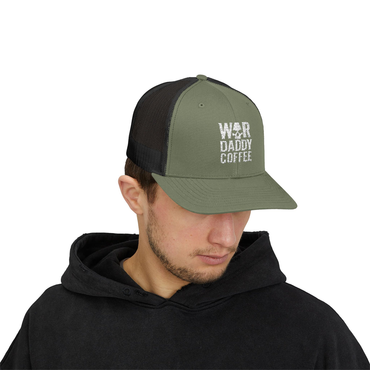 War, Daddy, Coffee Trucker Hat - Vintage Military Skull Snapback Cap