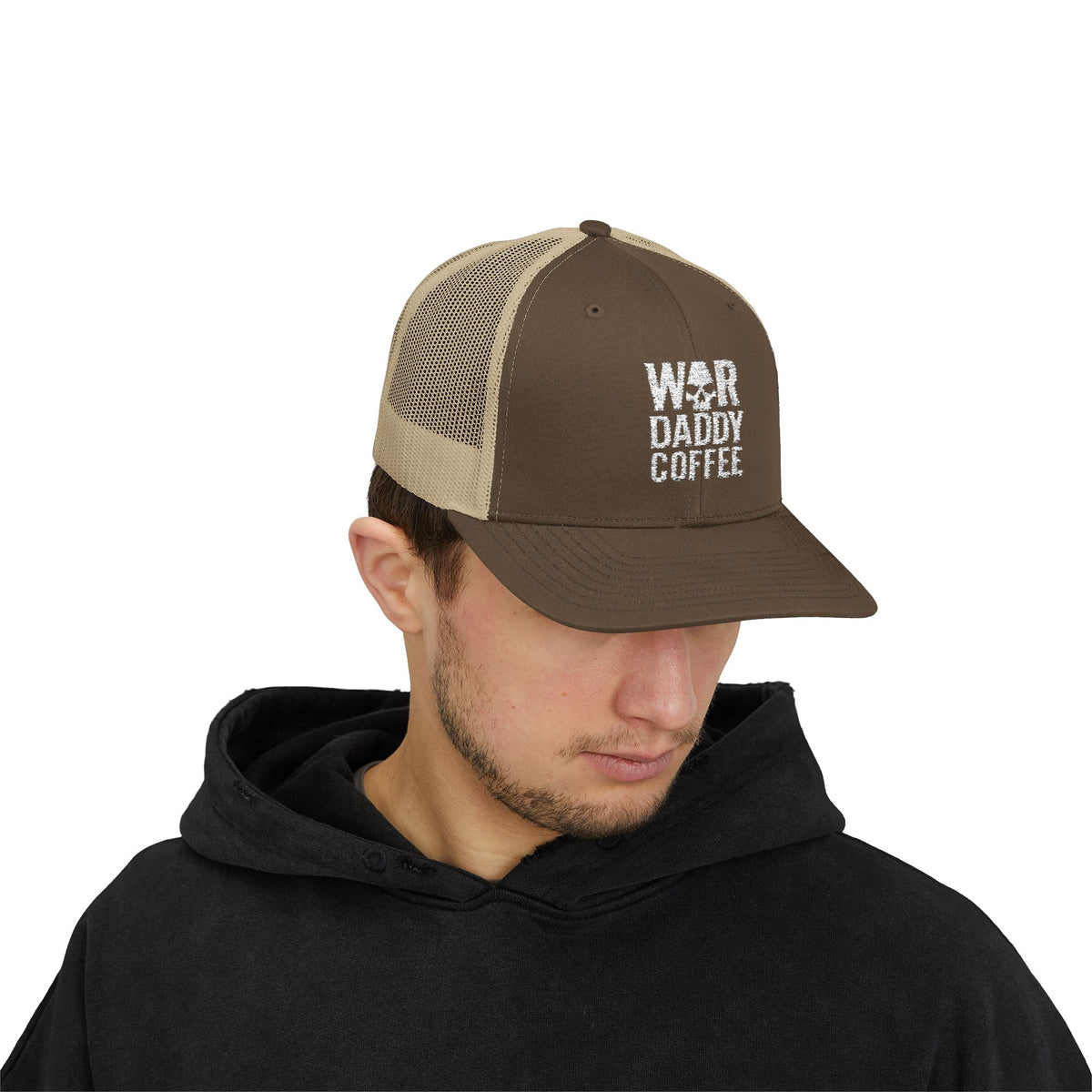 War, Daddy, Coffee Trucker Hat - Vintage Military Skull Snapback Cap
