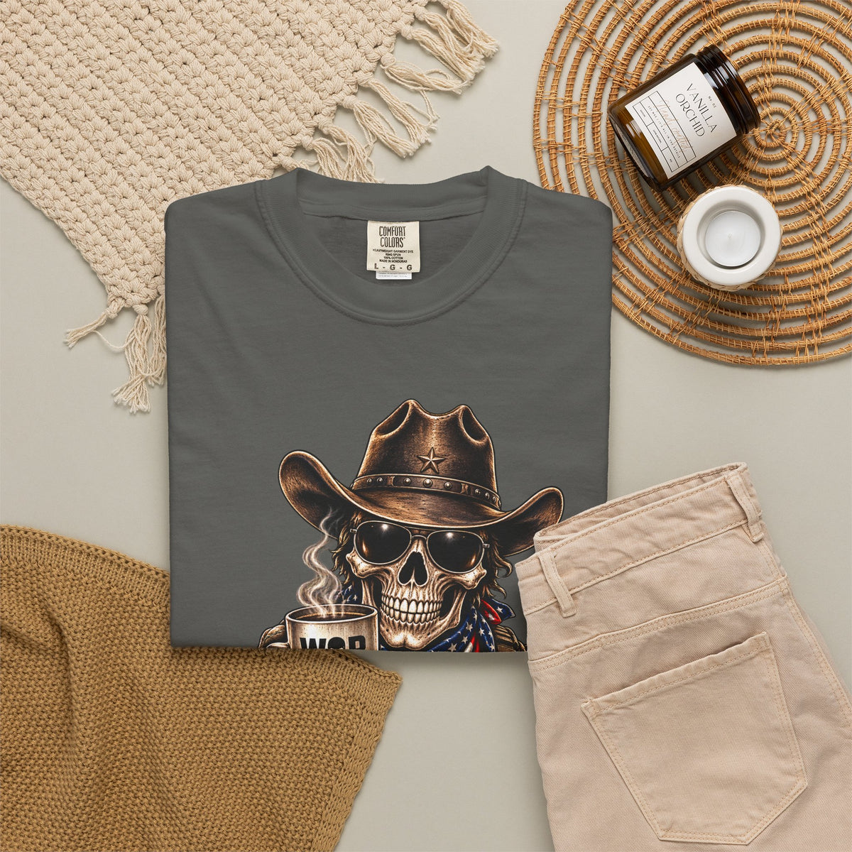 Skull Cowboy T-Shirt — "War, Baby & Coffee" American Flag Graphic