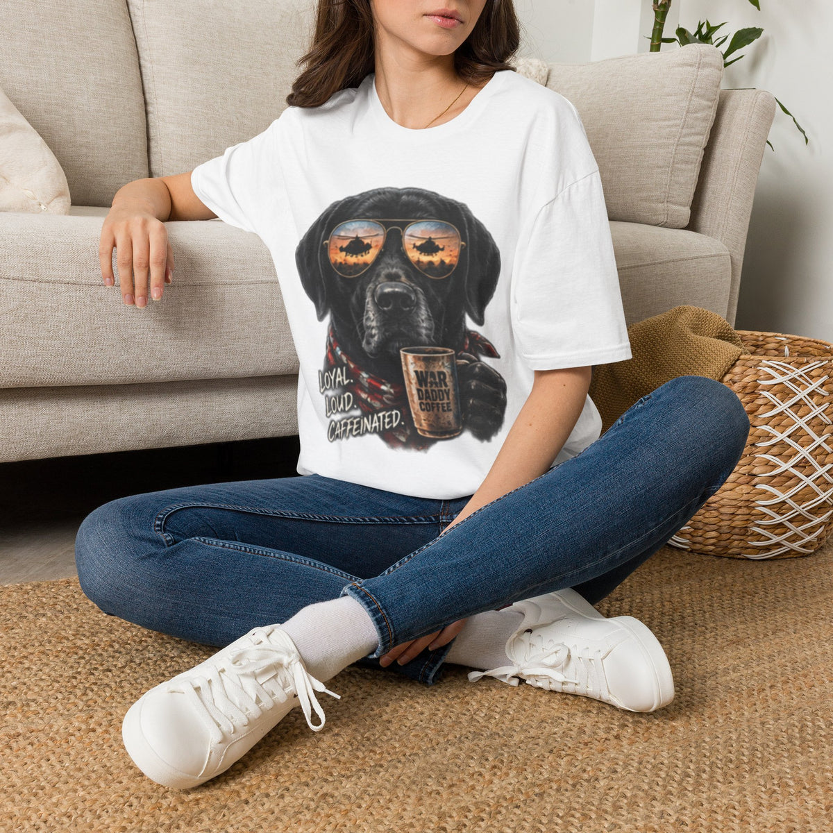 Black Labrador T-Shirt — Coffee & Sunset Sunglasses Dog Tee
