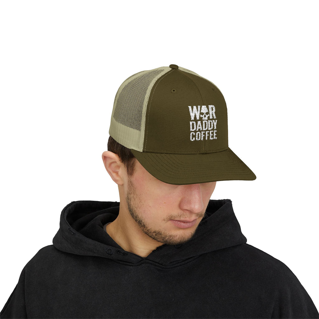 War, Daddy, Coffee Trucker Hat - Vintage Military Skull Snapback Cap