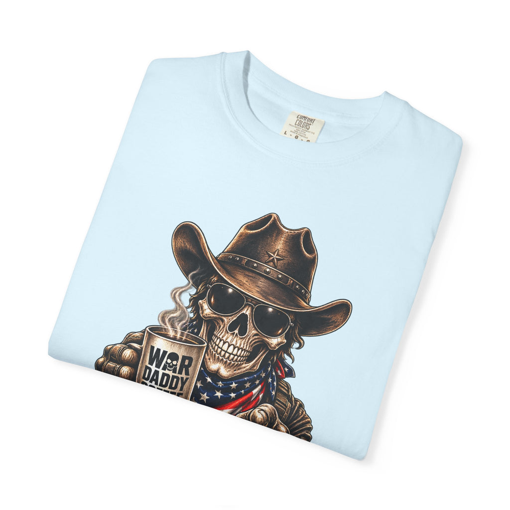 Skull Cowboy T-Shirt — "War, Baby & Coffee" American Flag Graphic