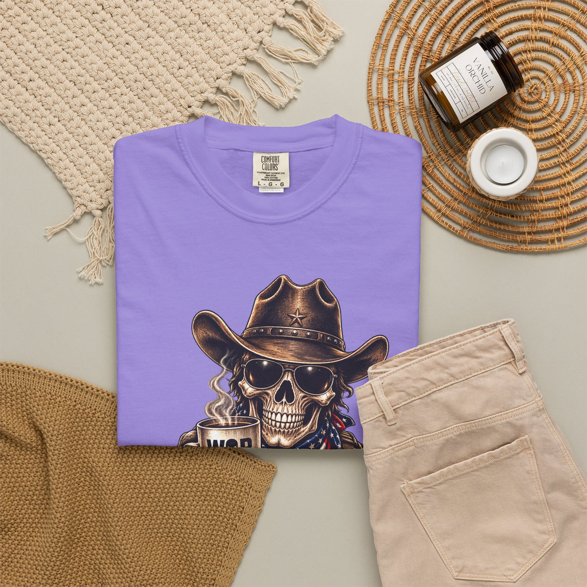 Skull Cowboy T-Shirt — "War, Baby & Coffee" American Flag Graphic