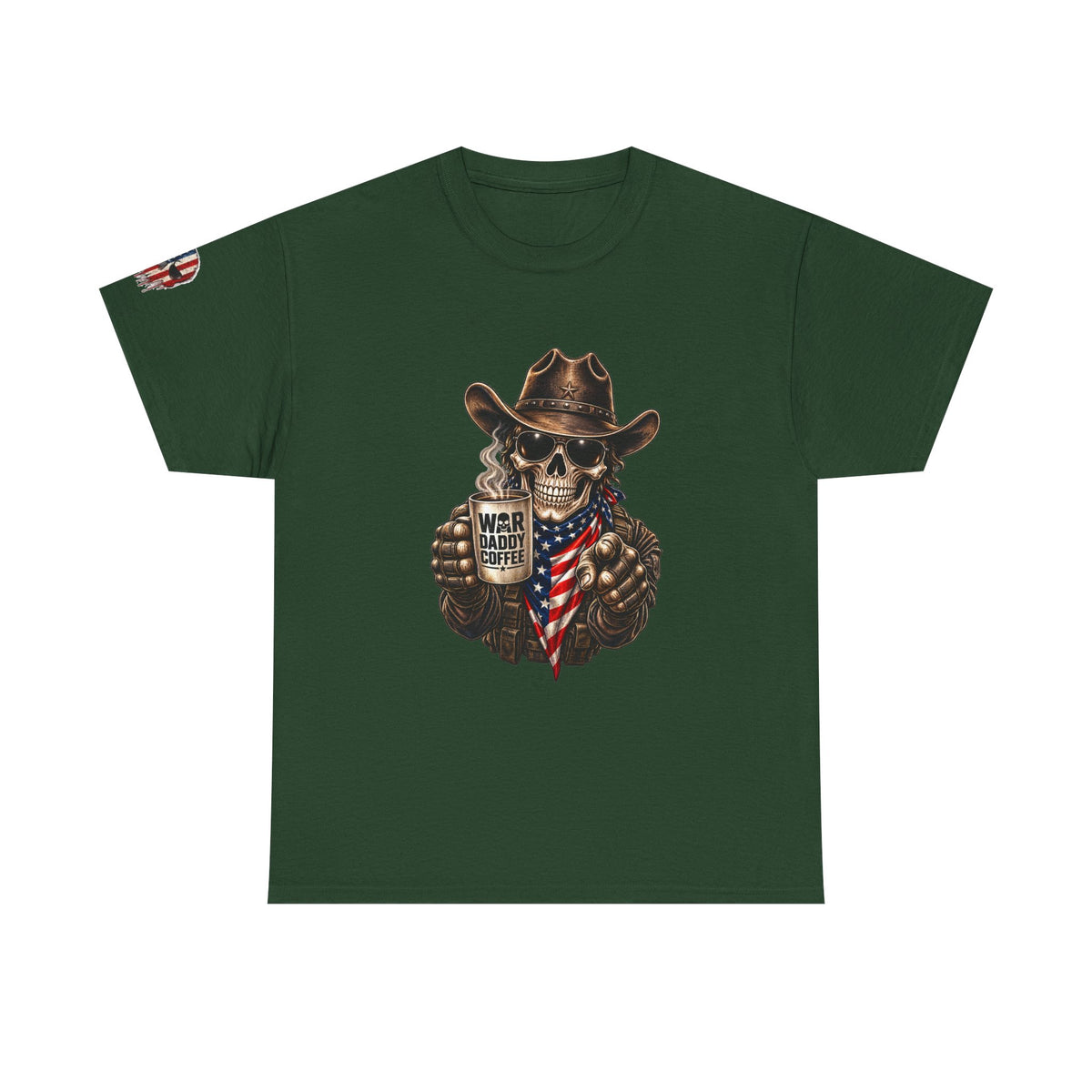 Patriotic Cowboy Skull T-Shirt — "Warrior Coffee" Graphic Tee