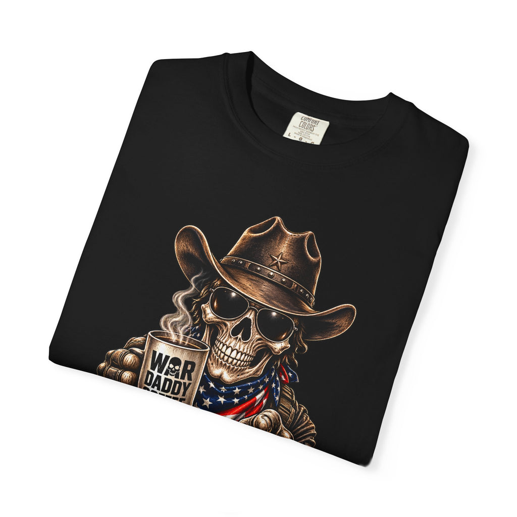 Skull Cowboy T-Shirt — "War, Baby & Coffee" American Flag Graphic