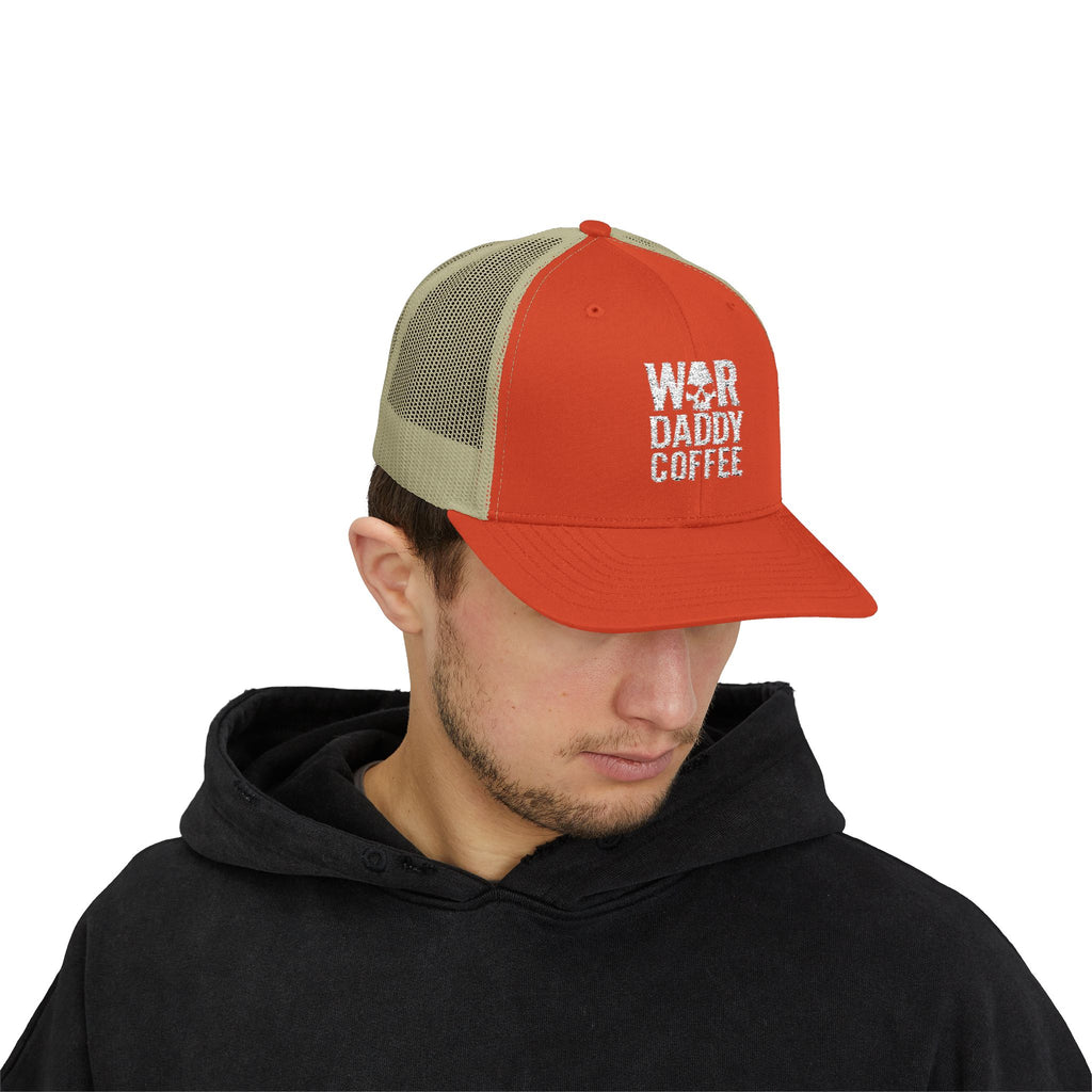 War, Daddy, Coffee Trucker Hat - Vintage Military Skull Snapback Cap
