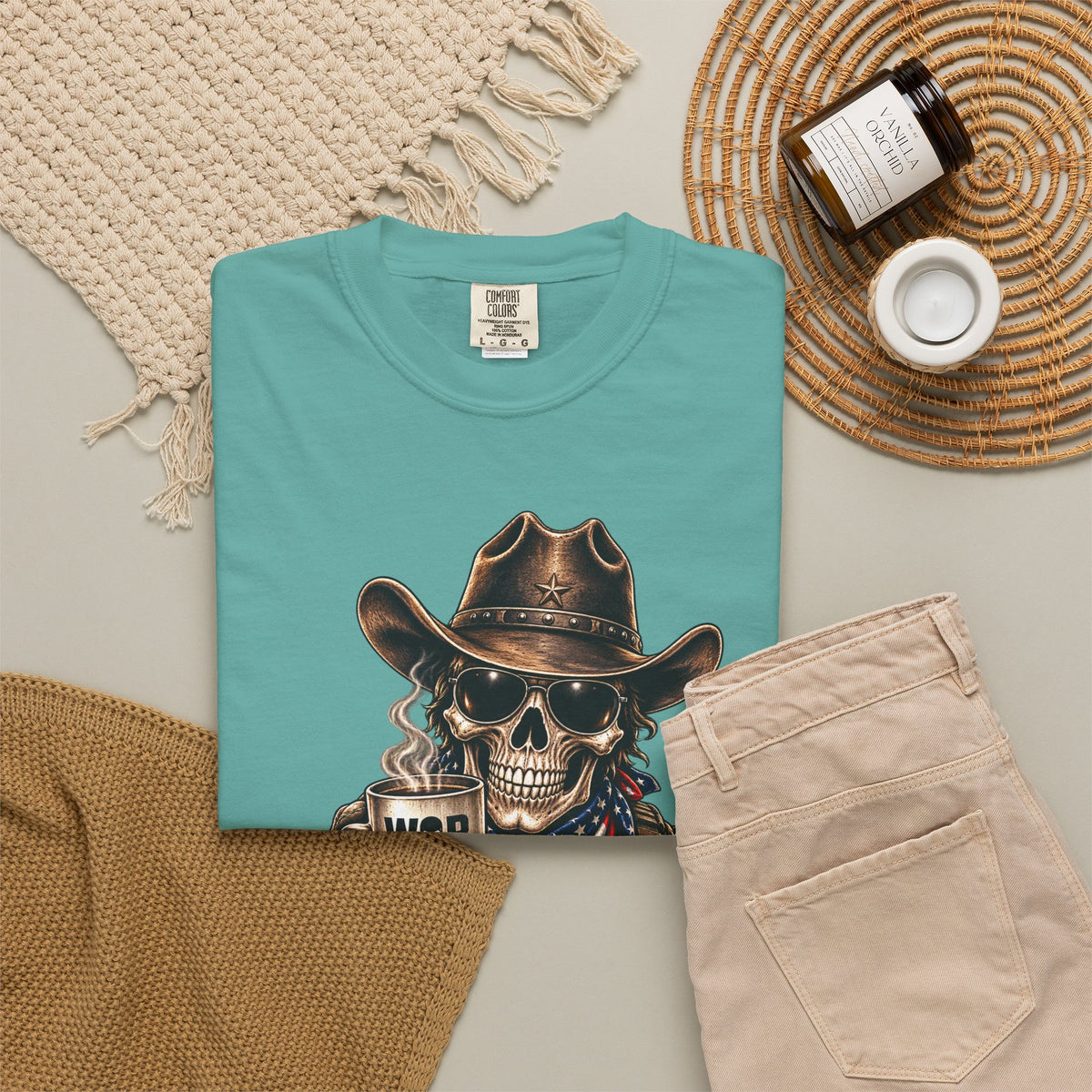Skull Cowboy T-Shirt — "War, Baby & Coffee" American Flag Graphic