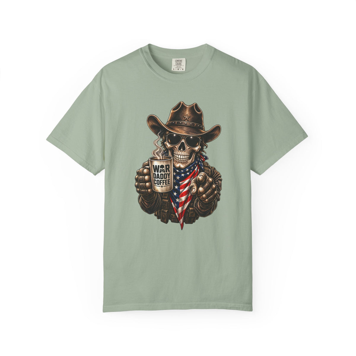 Skull Cowboy T-Shirt — "War, Baby & Coffee" American Flag Graphic