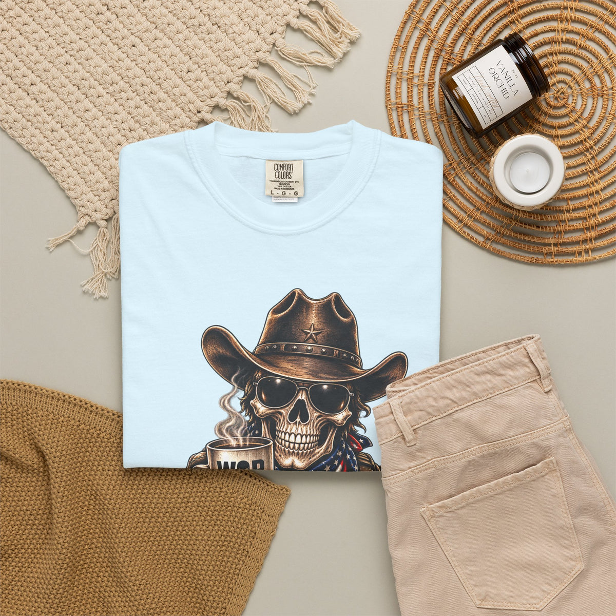Skull Cowboy T-Shirt — "War, Baby & Coffee" American Flag Graphic