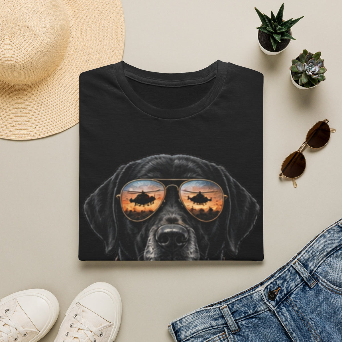 Black Labrador T-Shirt — Coffee & Sunset Sunglasses Dog Tee