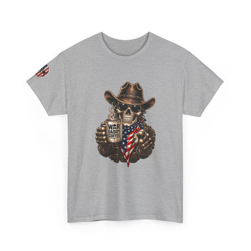 Patriotic Cowboy Skull T-Shirt — "Warrior Coffee" Graphic Tee