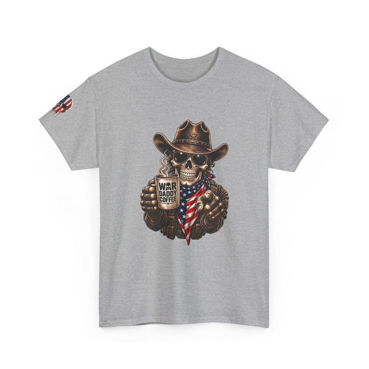 Patriotic Cowboy Skull T-Shirt — "Warrior Coffee" Graphic Tee