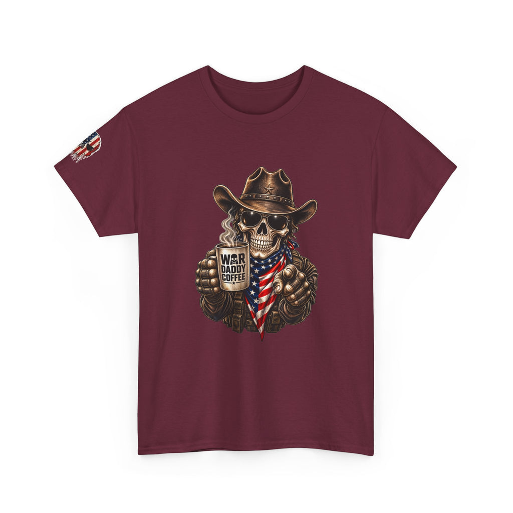Patriotic Cowboy Skull T-Shirt — "Warrior Coffee" Graphic Tee