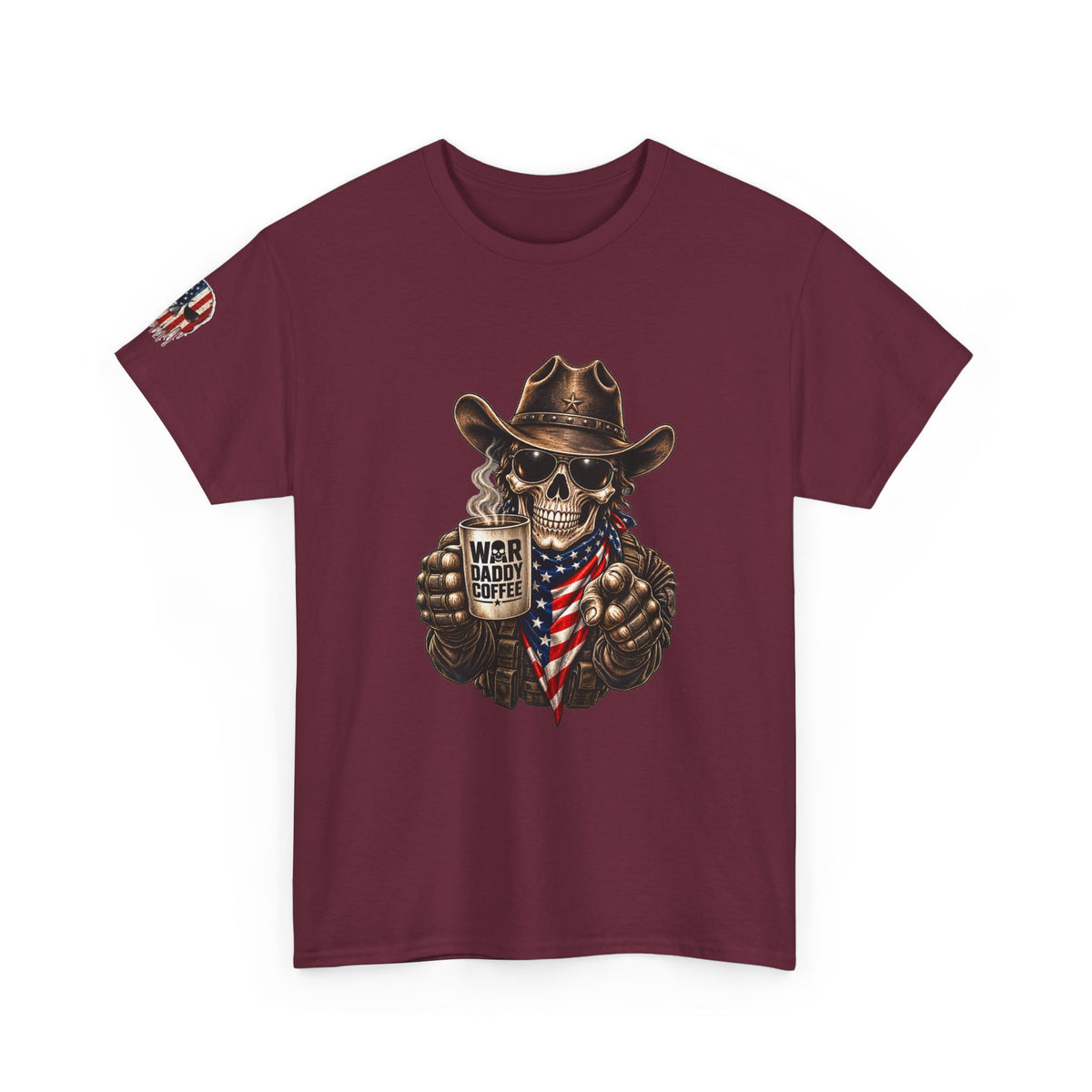 Patriotic Cowboy Skull T-Shirt — "Warrior Coffee" Graphic Tee