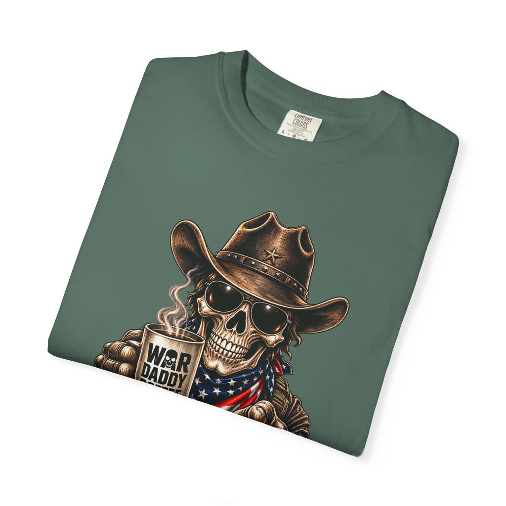 Skull Cowboy T-Shirt — "War, Baby & Coffee" American Flag Graphic