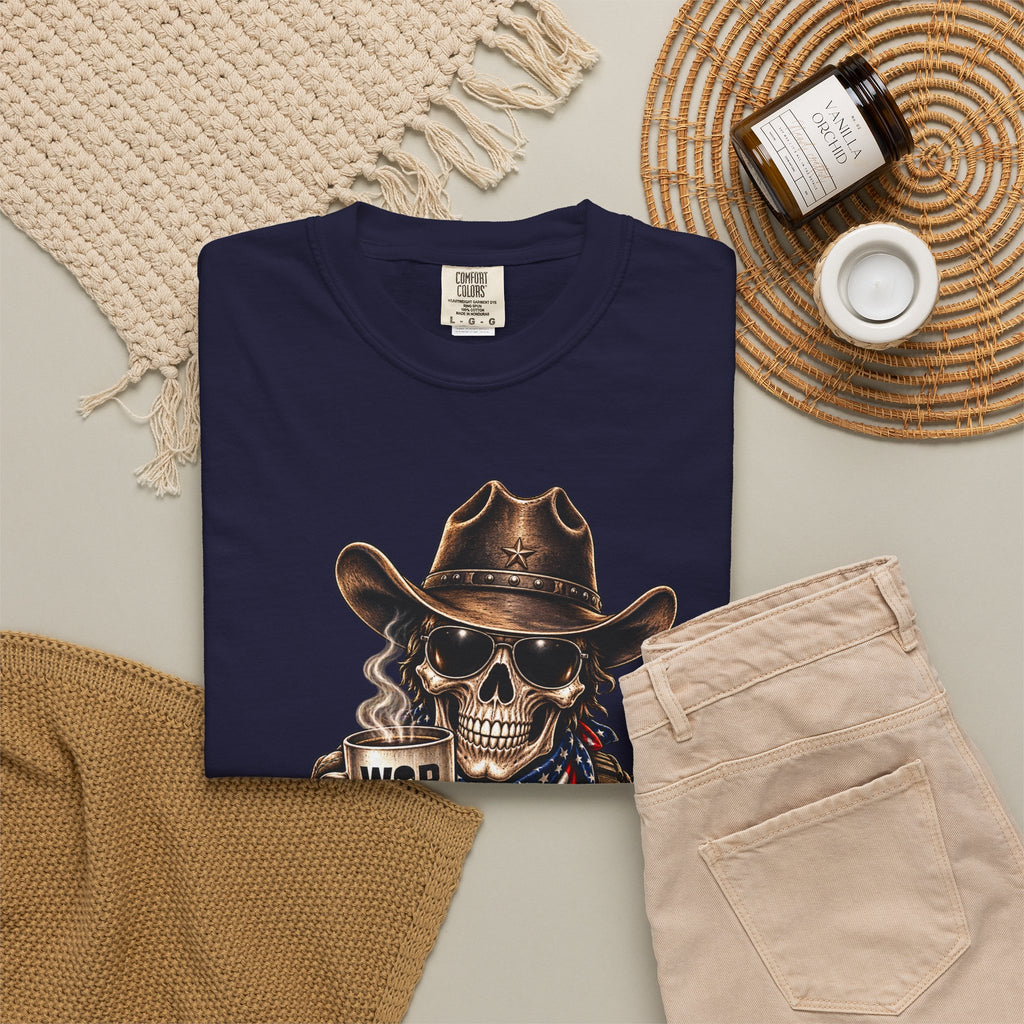 Skull Cowboy T-Shirt — "War, Baby & Coffee" American Flag Graphic