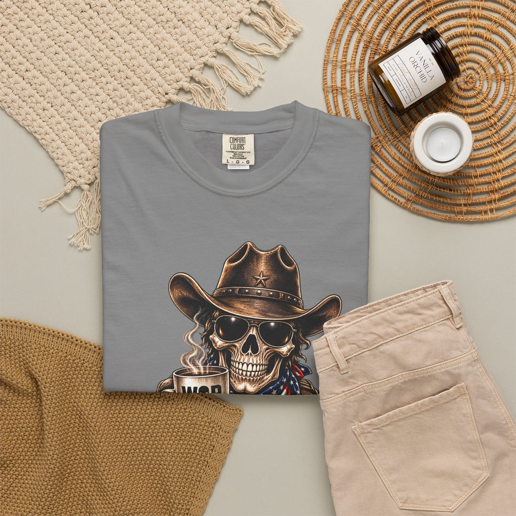 Skull Cowboy T-Shirt — "War, Baby & Coffee" American Flag Graphic