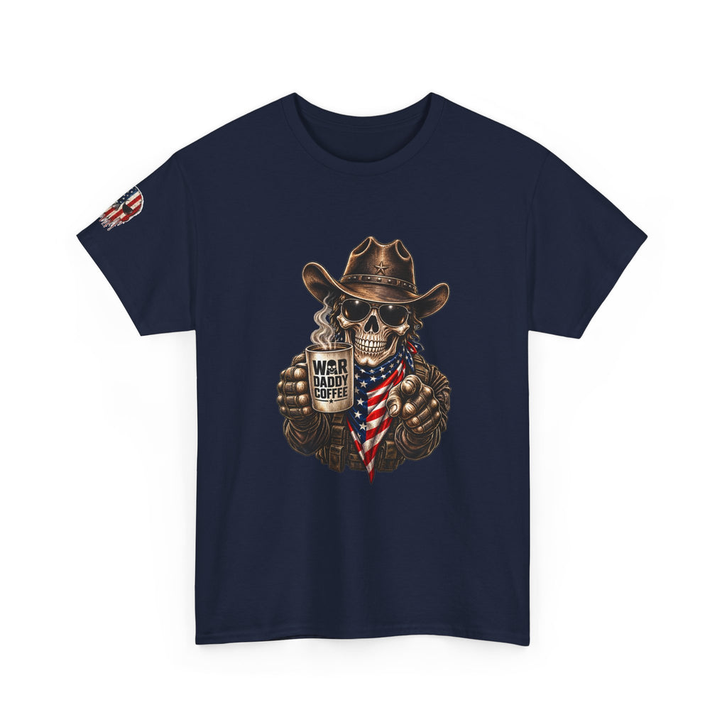 Patriotic Cowboy Skull T-Shirt — "Warrior Coffee" Graphic Tee