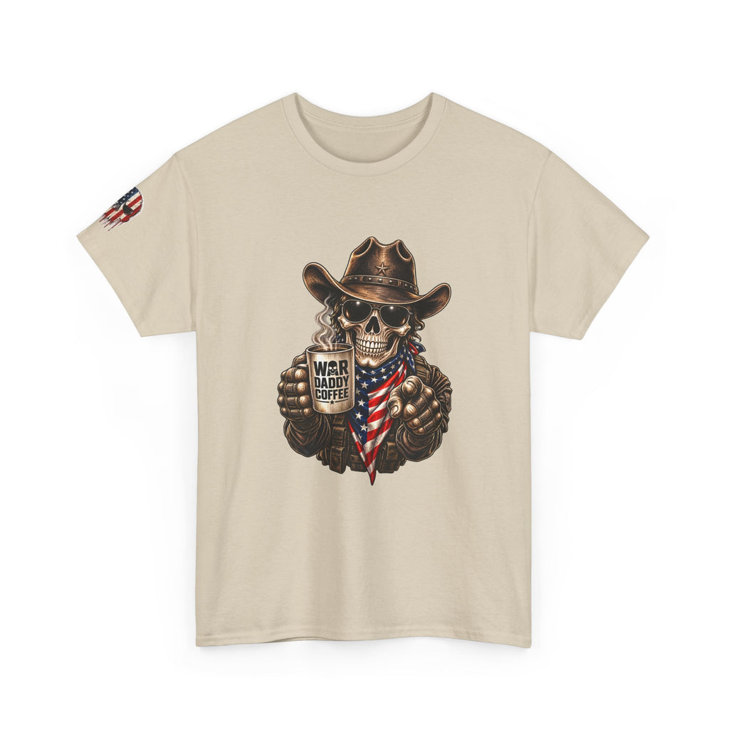 Patriotic Cowboy Skull T-Shirt — "Warrior Coffee" Graphic Tee