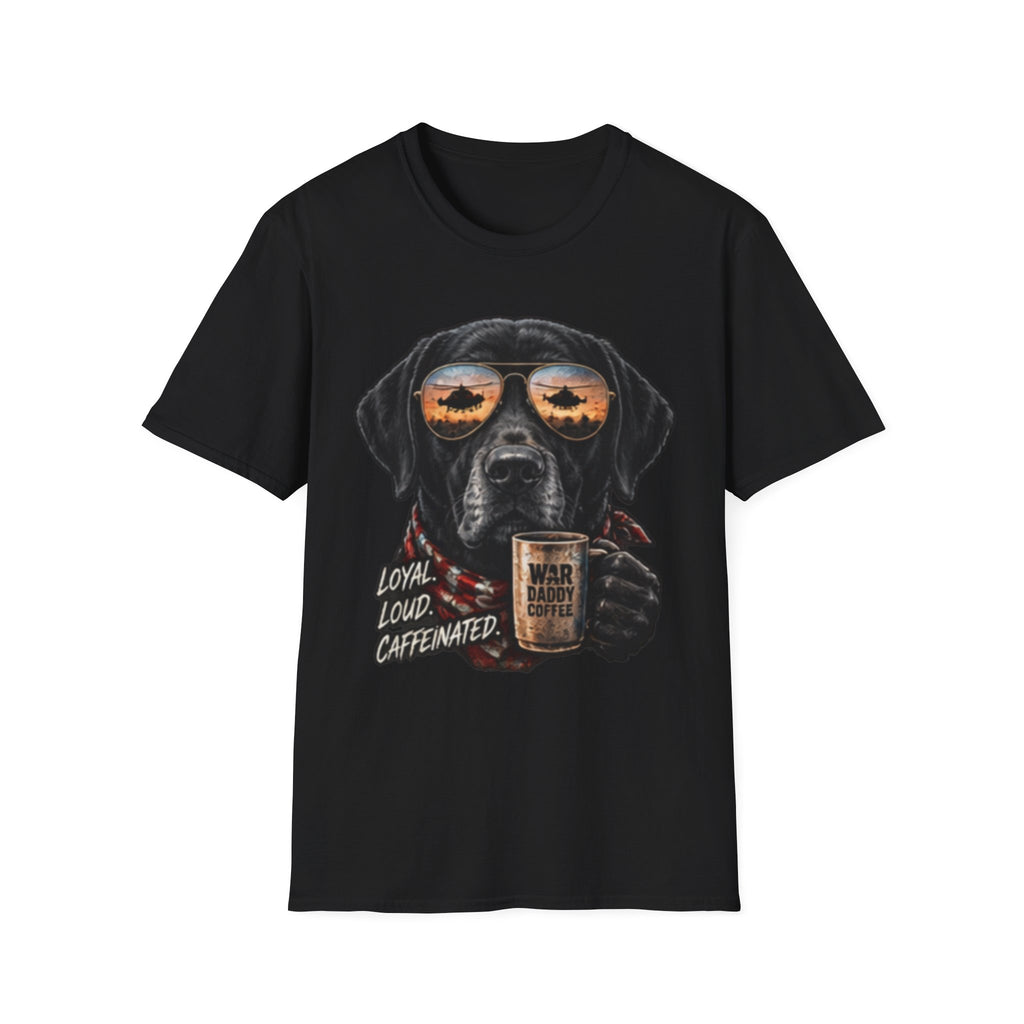 Black Labrador T-Shirt — Coffee & Sunset Sunglasses Dog Tee