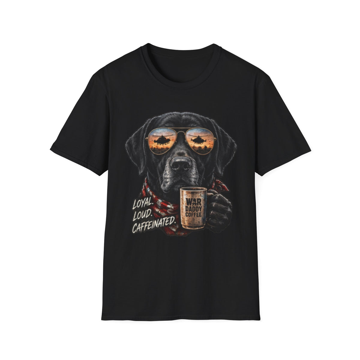 Black Labrador T-Shirt — Coffee & Sunset Sunglasses Dog Tee