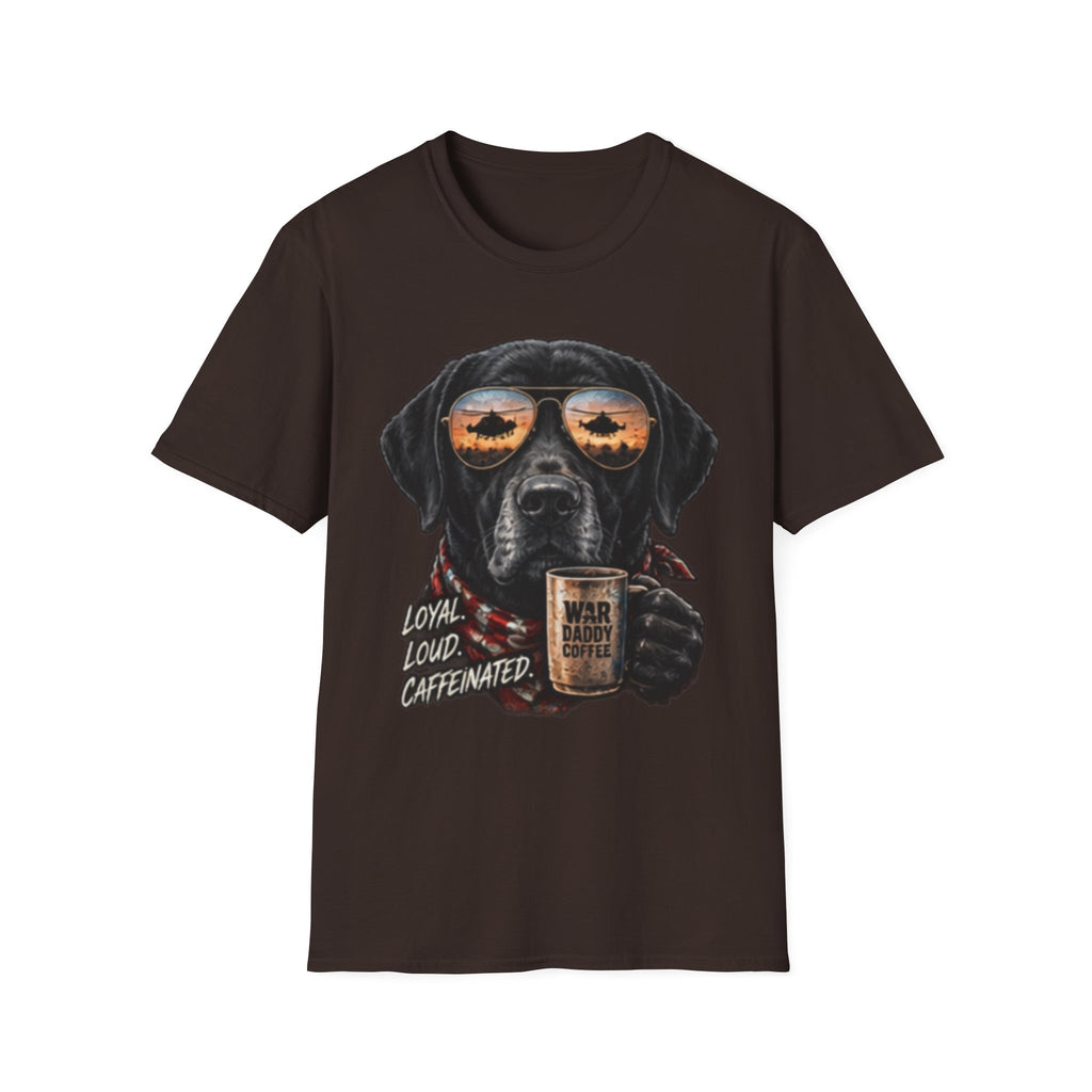 Black Labrador T-Shirt — Coffee & Sunset Sunglasses Dog Tee