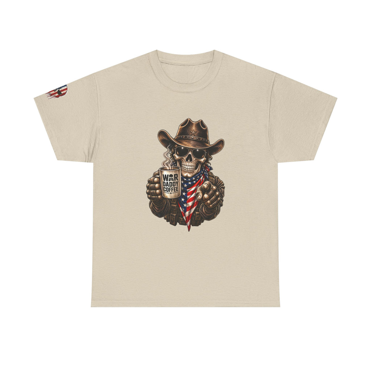 Patriotic Cowboy Skull T-Shirt — "Warrior Coffee" Graphic Tee