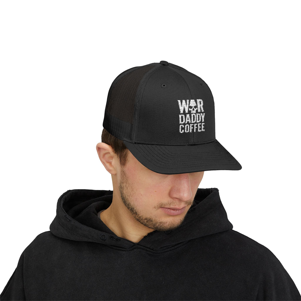 War, Daddy, Coffee Trucker Hat - Vintage Military Skull Snapback Cap