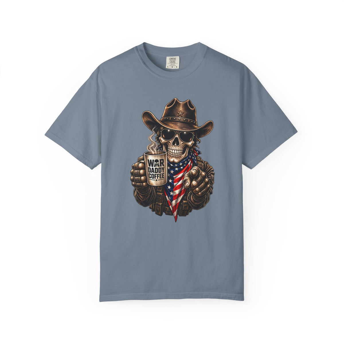 Skull Cowboy T-Shirt — "War, Baby & Coffee" American Flag Graphic