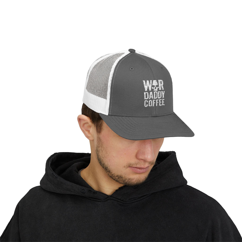 War, Daddy, Coffee Trucker Hat - Vintage Military Skull Snapback Cap