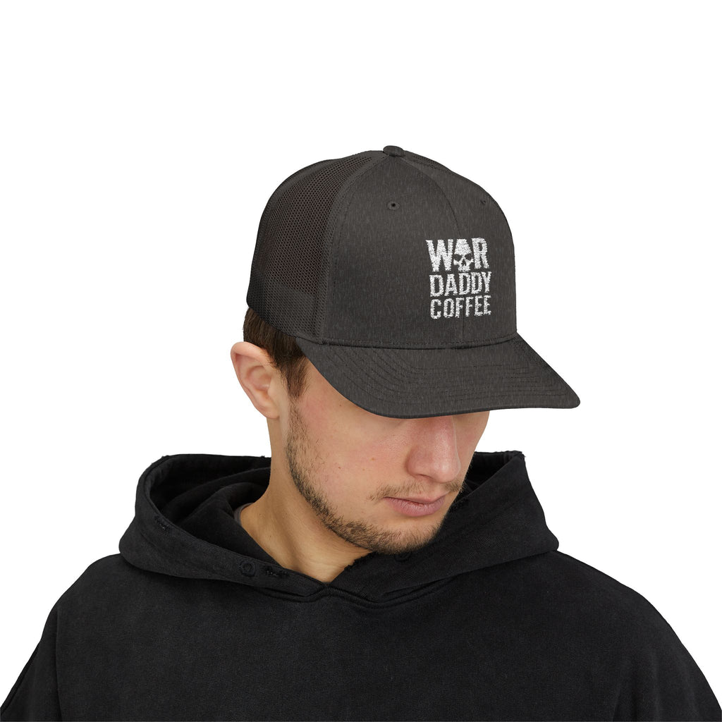 War, Daddy, Coffee Trucker Hat - Vintage Military Skull Snapback Cap