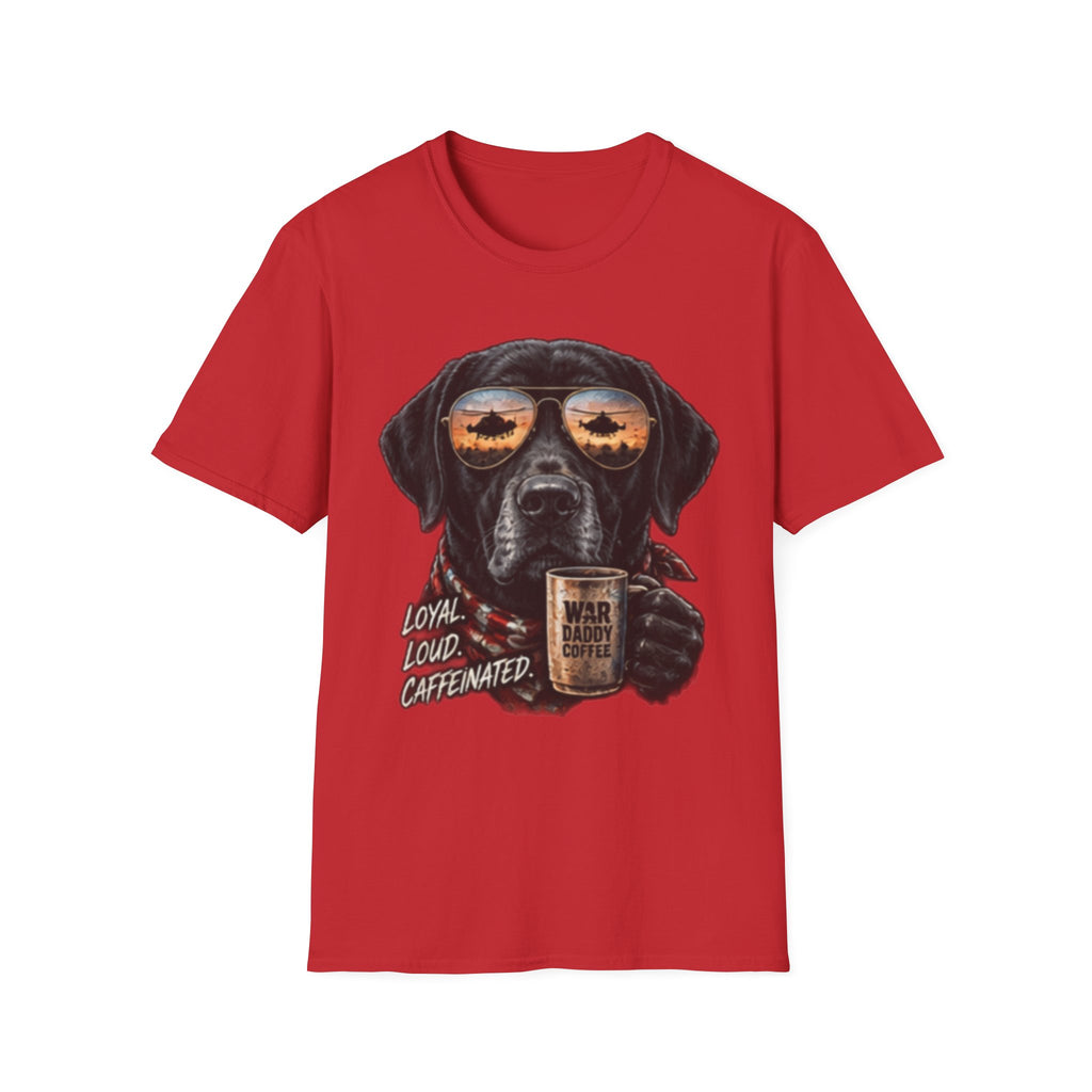 Black Labrador T-Shirt — Coffee & Sunset Sunglasses Dog Tee