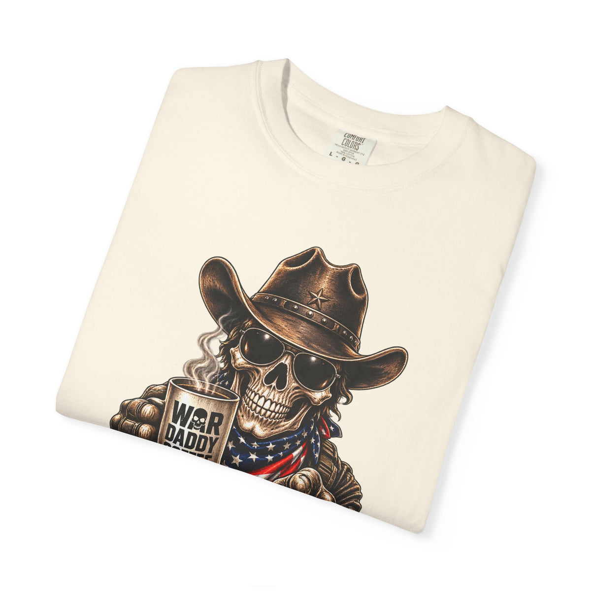 Skull Cowboy T-Shirt — "War, Baby & Coffee" American Flag Graphic