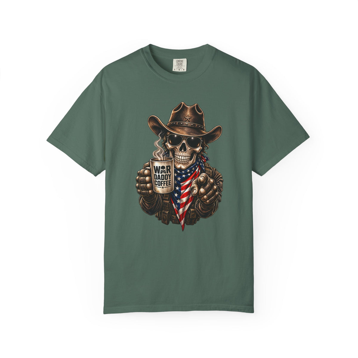 Skull Cowboy T-Shirt — "War, Baby & Coffee" American Flag Graphic