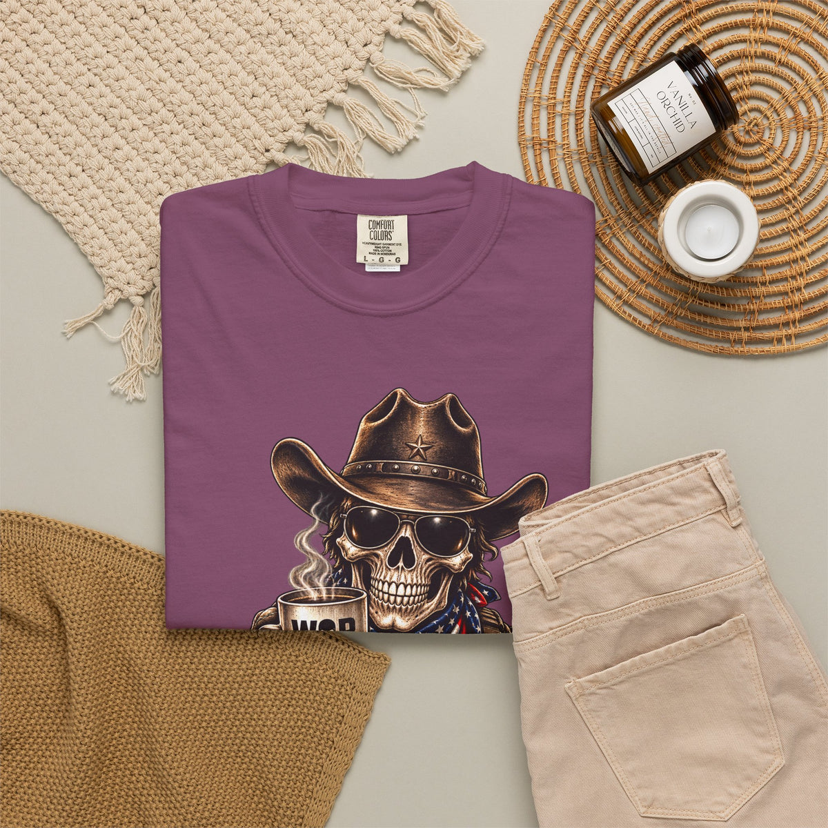 Skull Cowboy T-Shirt — "War, Baby & Coffee" American Flag Graphic