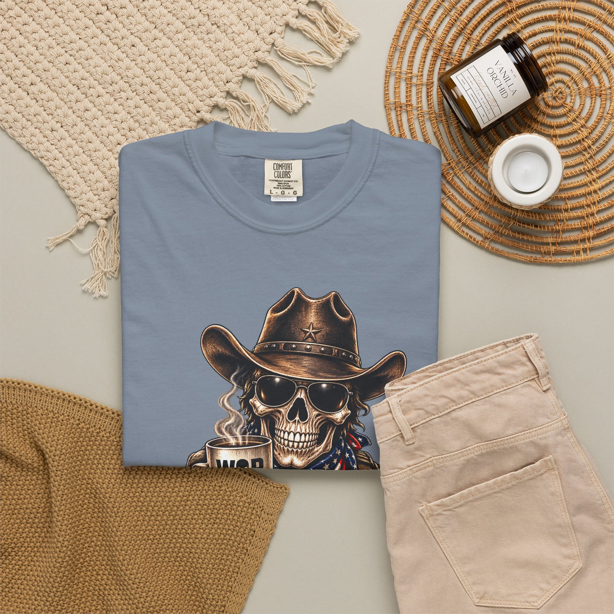Skull Cowboy T-Shirt — "War, Baby & Coffee" American Flag Graphic