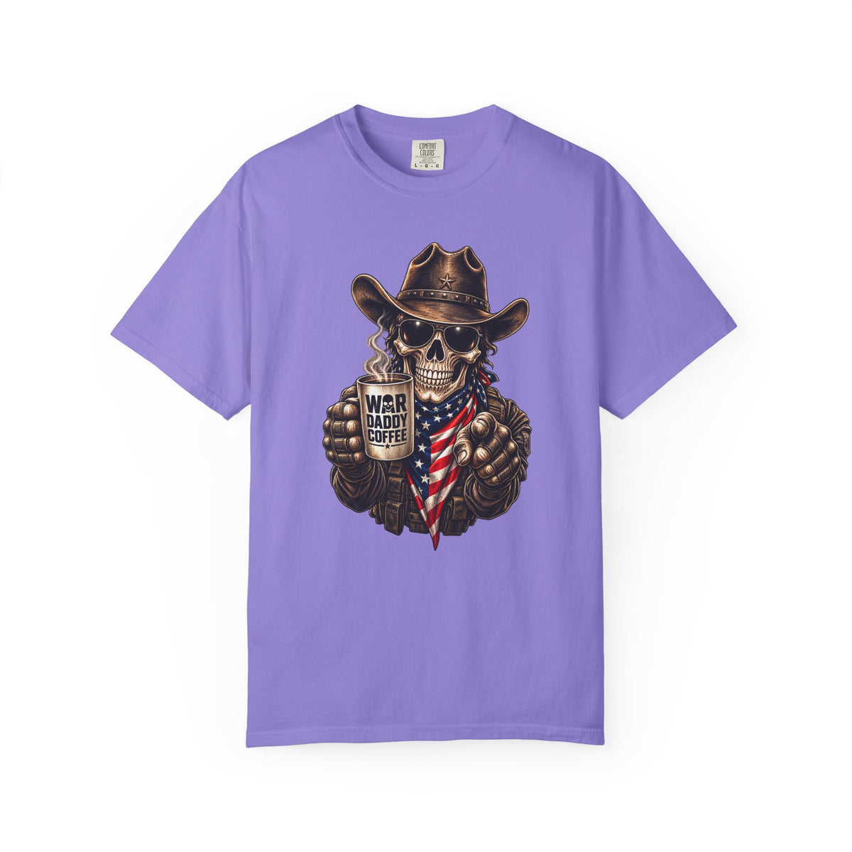 Skull Cowboy T-Shirt — "War, Baby & Coffee" American Flag Graphic