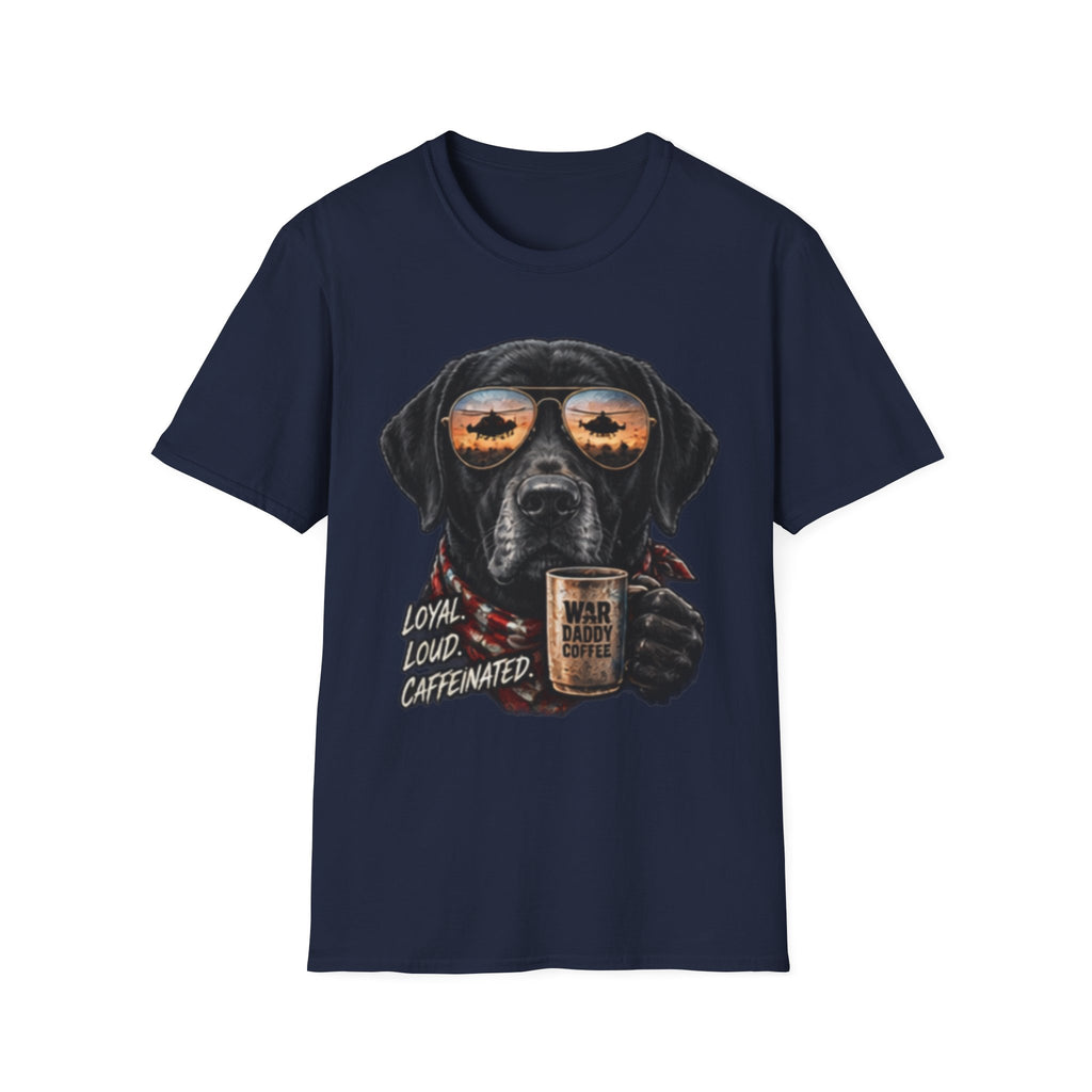 Black Labrador T-Shirt — Coffee & Sunset Sunglasses Dog Tee