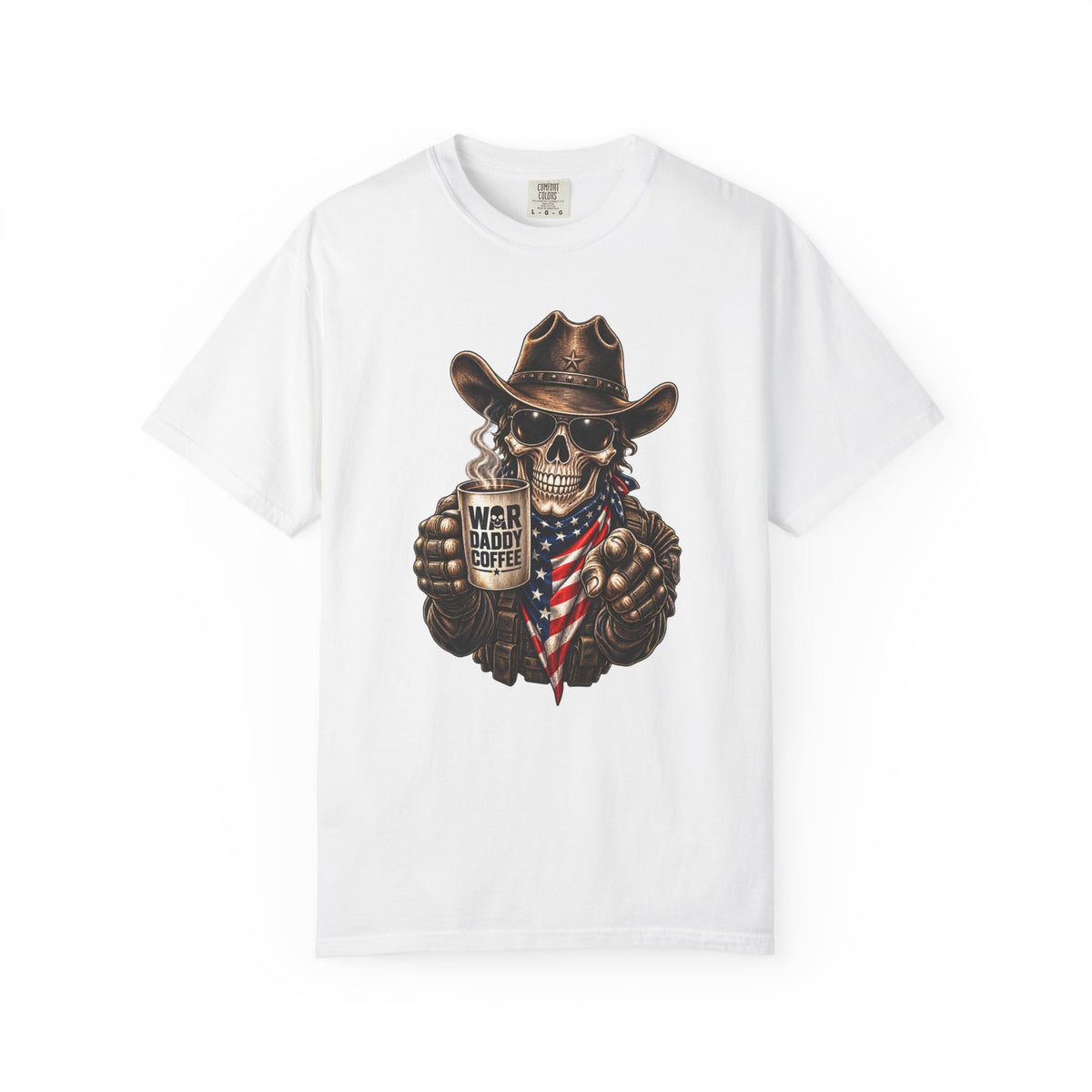 Skull Cowboy T-Shirt — "War, Baby & Coffee" American Flag Graphic