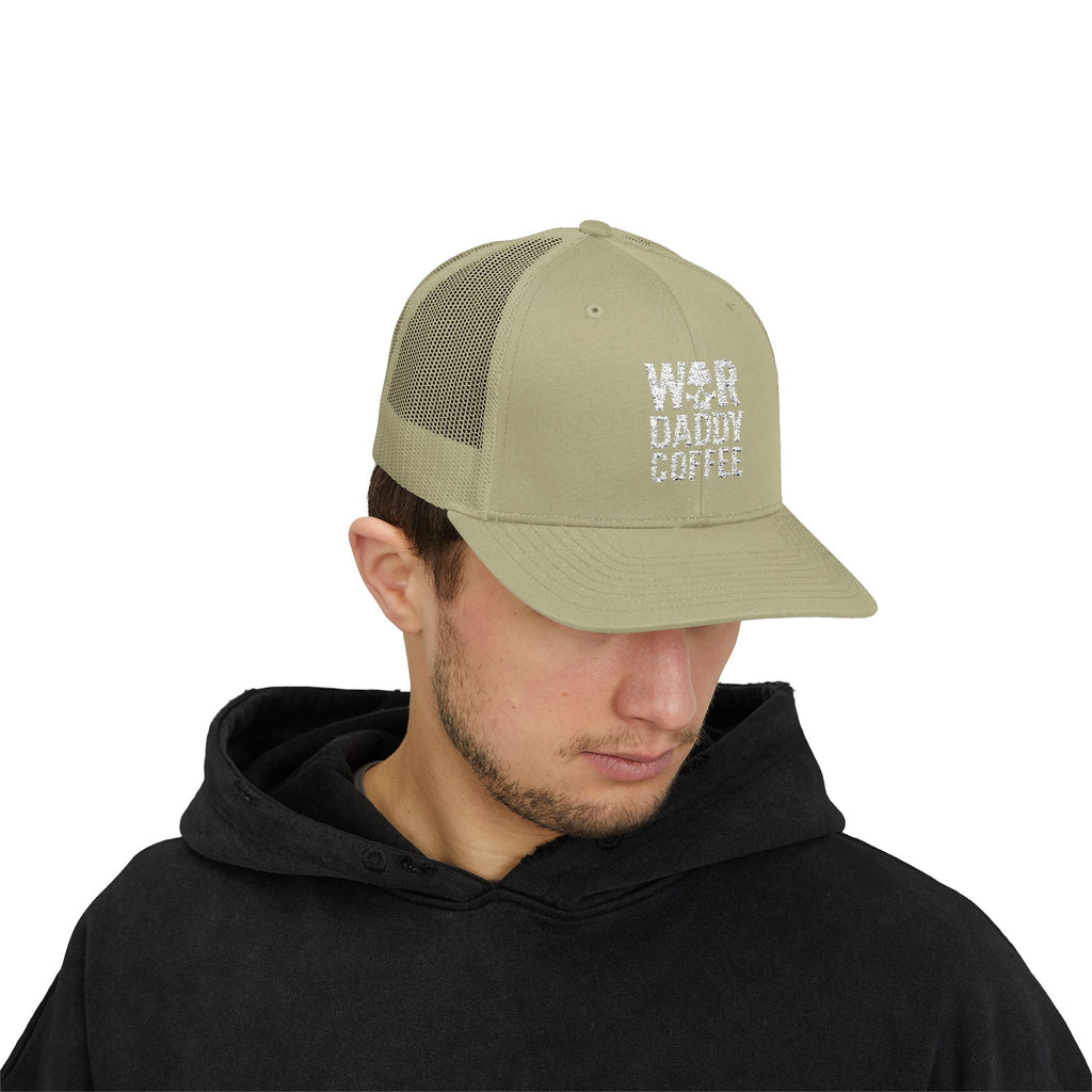 War, Daddy, Coffee Trucker Hat - Vintage Military Skull Snapback Cap
