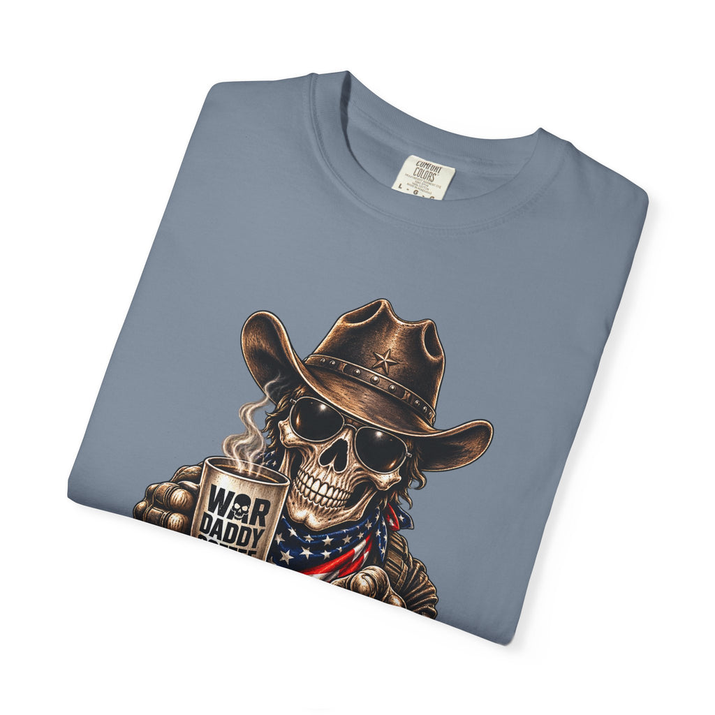 Skull Cowboy T-Shirt — "War, Baby & Coffee" American Flag Graphic
