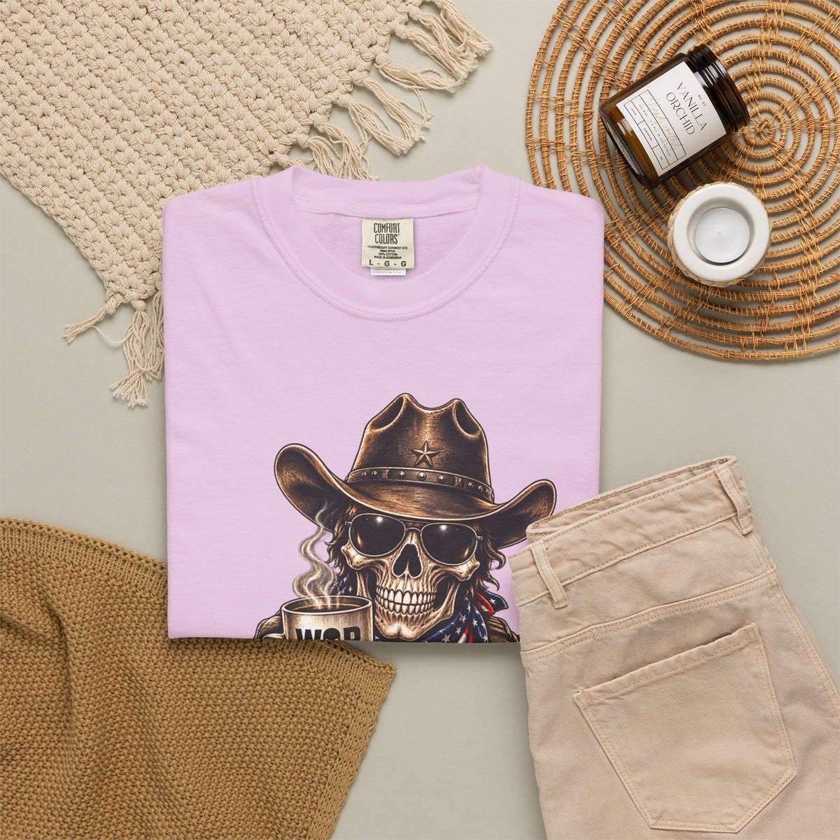 Skull Cowboy T-Shirt — "War, Baby & Coffee" American Flag Graphic
