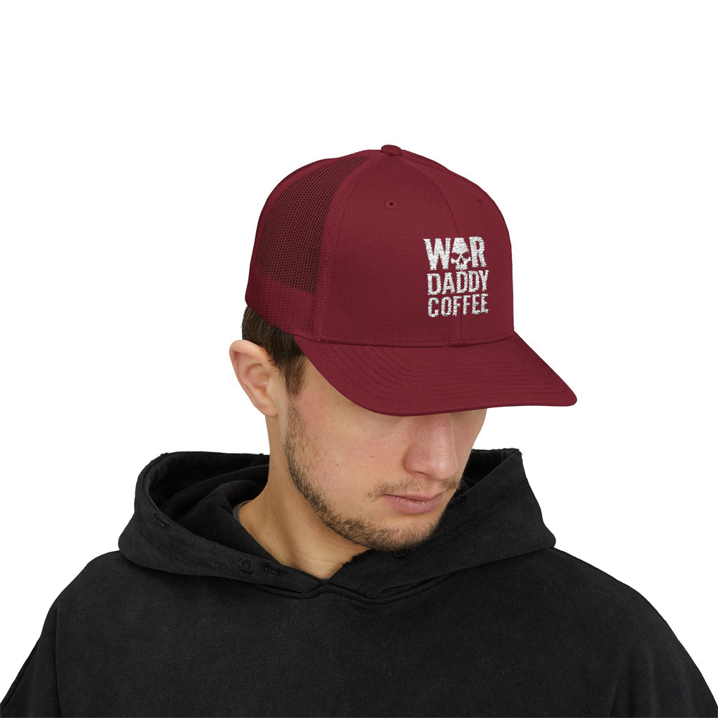 War, Daddy, Coffee Trucker Hat - Vintage Military Skull Snapback Cap