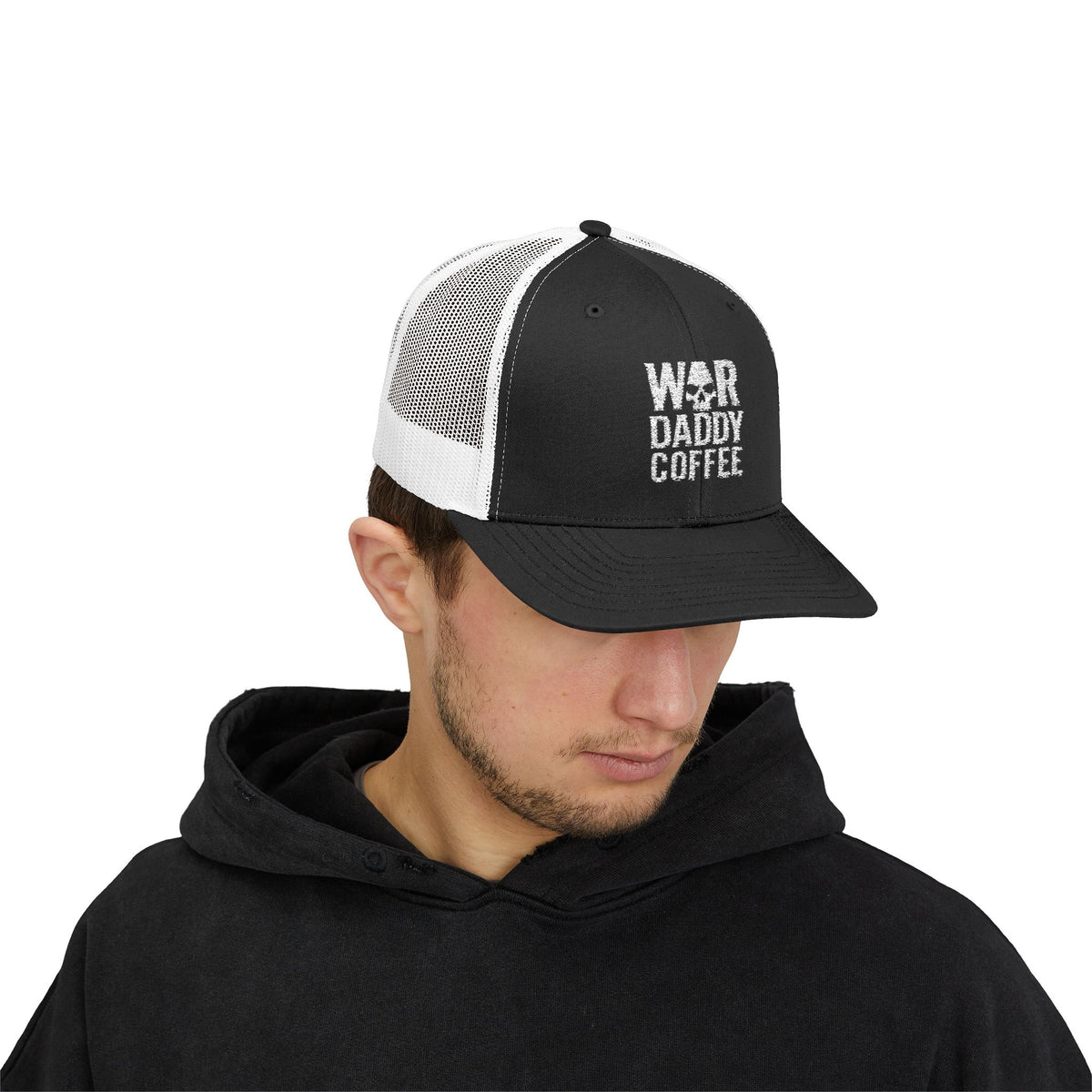 War, Daddy, Coffee Trucker Hat - Vintage Military Skull Snapback Cap