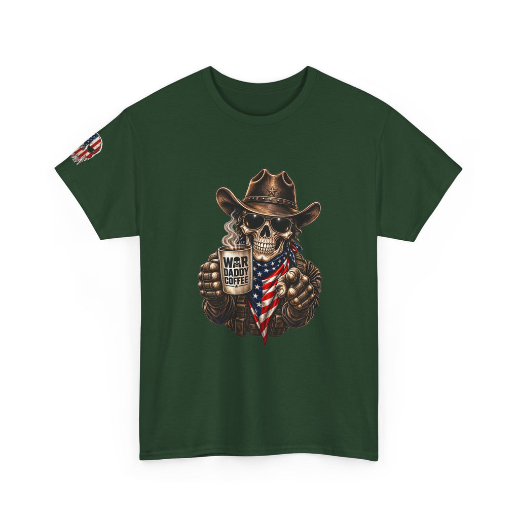 Patriotic Cowboy Skull T-Shirt — "Warrior Coffee" Graphic Tee