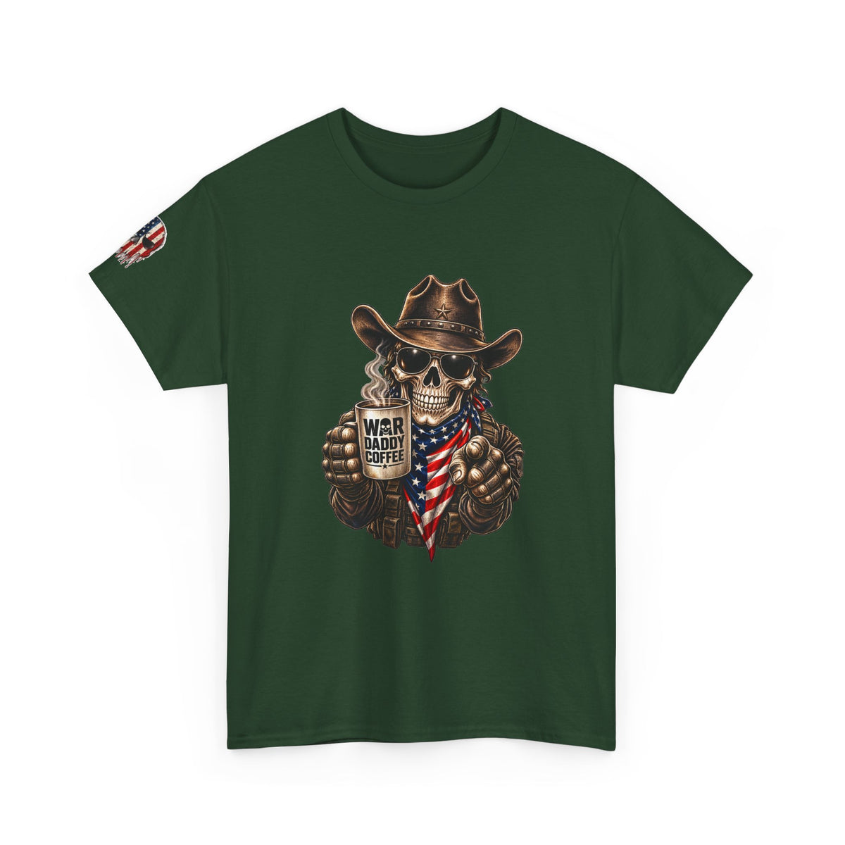 Patriotic Cowboy Skull T-Shirt — "Warrior Coffee" Graphic Tee