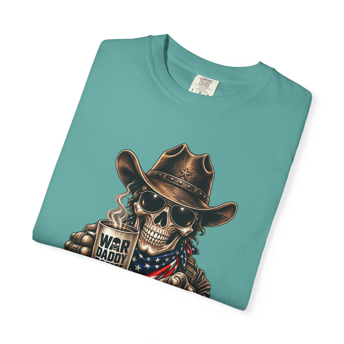 Skull Cowboy T-Shirt — "War, Baby & Coffee" American Flag Graphic