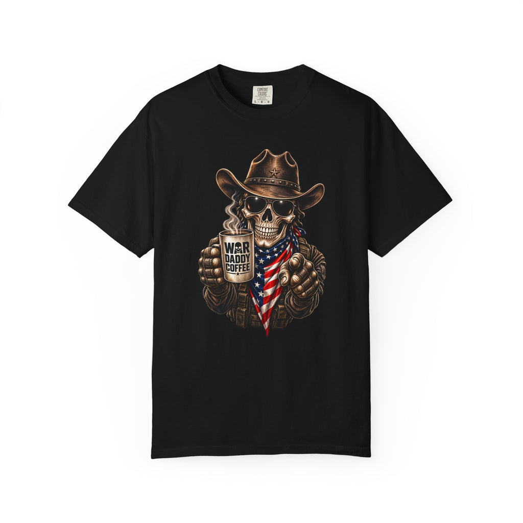 Skull Cowboy T-Shirt — "War, Baby & Coffee" American Flag Graphic