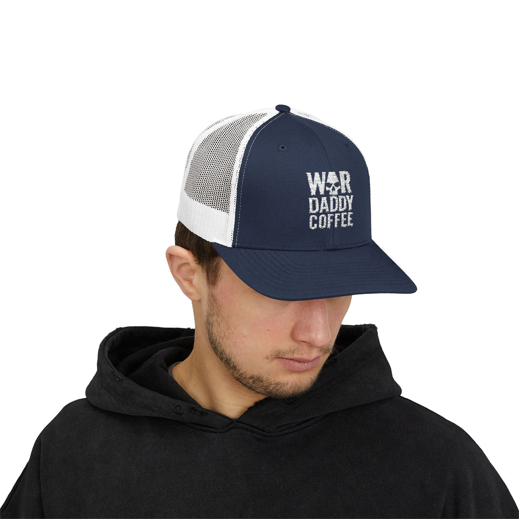 War, Daddy, Coffee Trucker Hat - Vintage Military Skull Snapback Cap