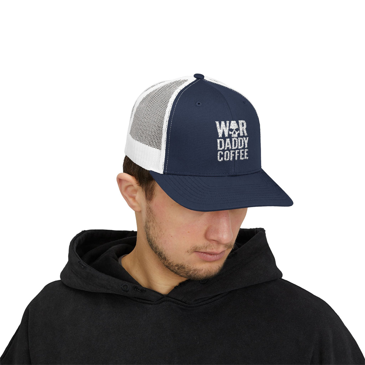 War, Daddy, Coffee Trucker Hat - Vintage Military Skull Snapback Cap